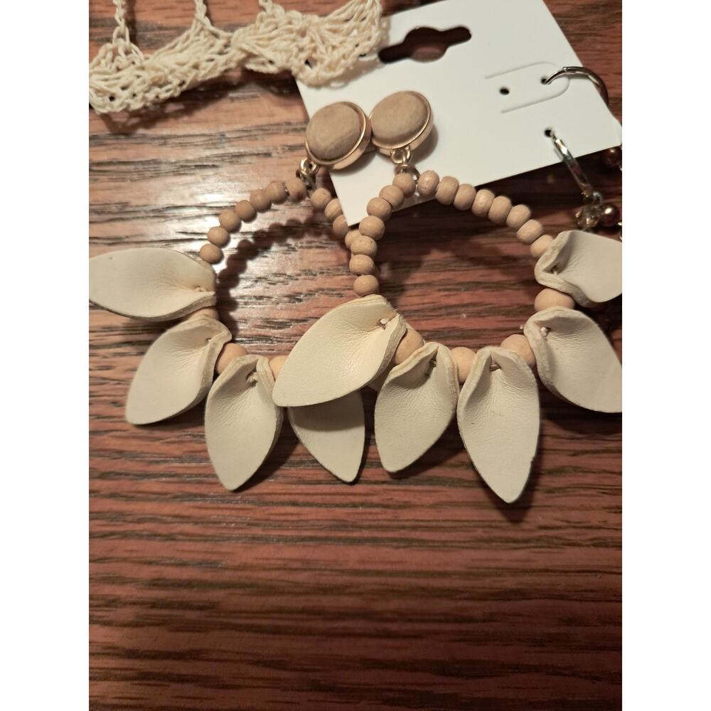 New 2 Pair Tan Flower Hoop Dangle Earrings & Amber Bead Dangle